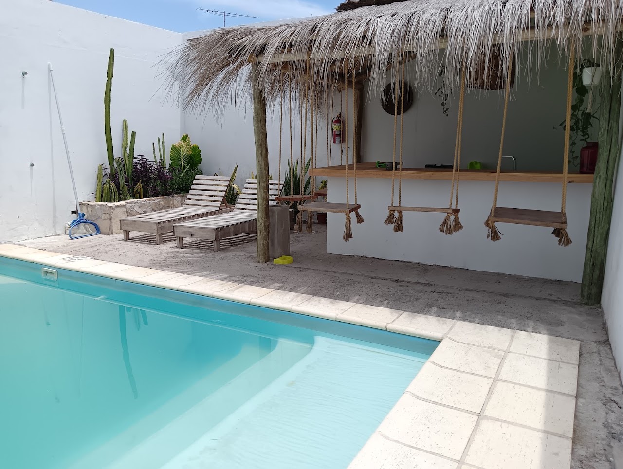 Patio tropical con piscina y bar en Bardot Hostel Paraná
